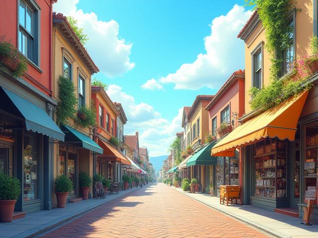 En grupp små skyltfönster för butiker på en livlig gata, med en subtil börsgraf i bakgrunden, symboliserande småbolag på börsen.