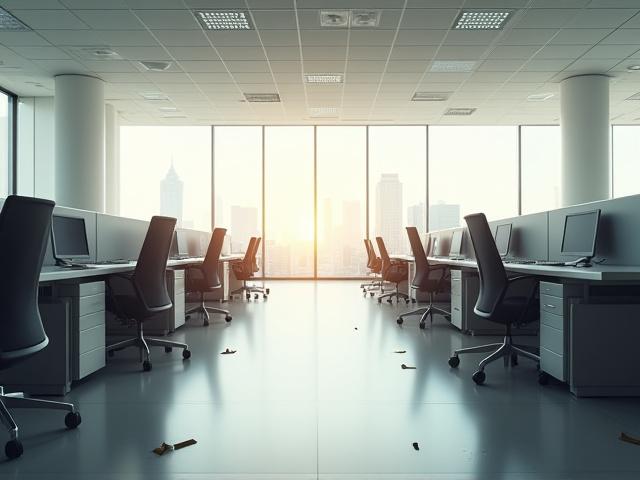 Ensamma medarbetare vid kontorsborden i ett stort, tomt kontorslandskap, symboliserande ett varsel.