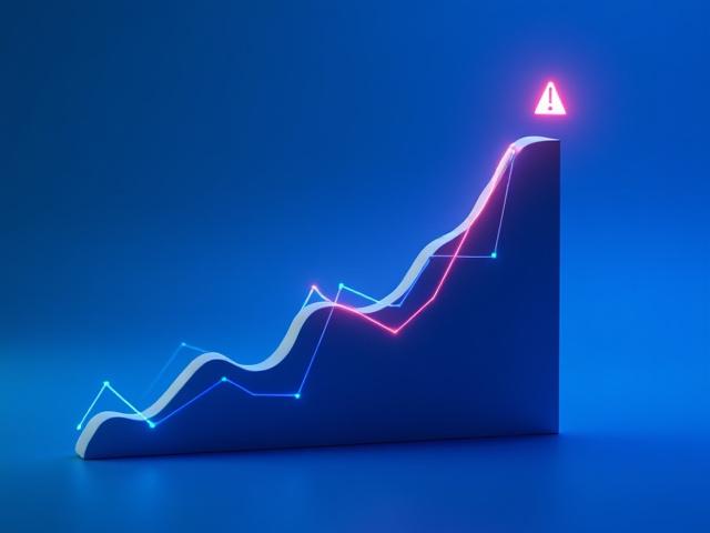 Styliserad graf som pekar uppåt men med en röd varningstriangel, symboliserande övervärderade aktier inom tech-sektorn.