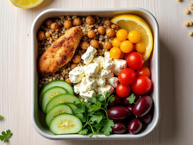 Färgstark och hälsosam lunchlåda med grönsaker och protein