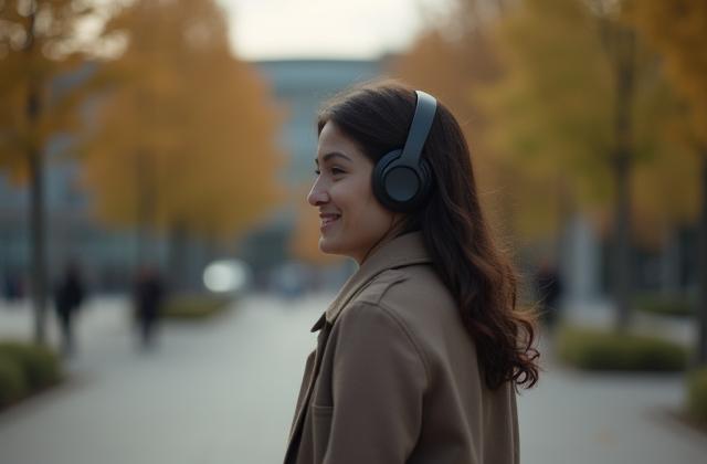 Person lyssnar på podcast med hörlurar i en urban miljö