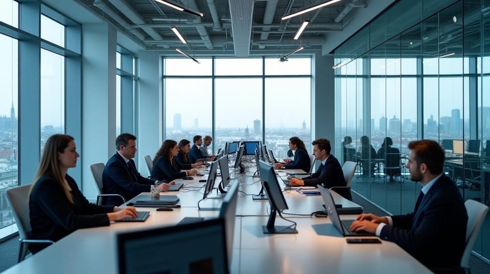 Modern nyhetsredaktion med journalister i arbete