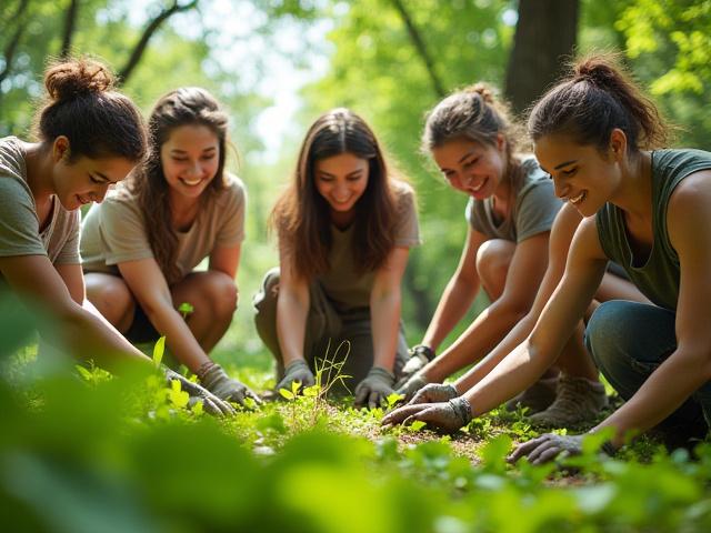 Grupp unga vuxna planterar träd tillsammans, visar engagemang för hållbarhet.