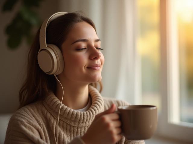 Ung kvinna med hörlurar ler lugnt, symboliserar god mental hälsa och balans.